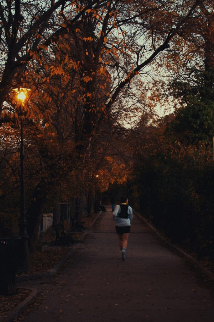 Läufer in Laufkleidung für den Herbst auf baumgesäumtem Parkweg in der Abenddämmerung