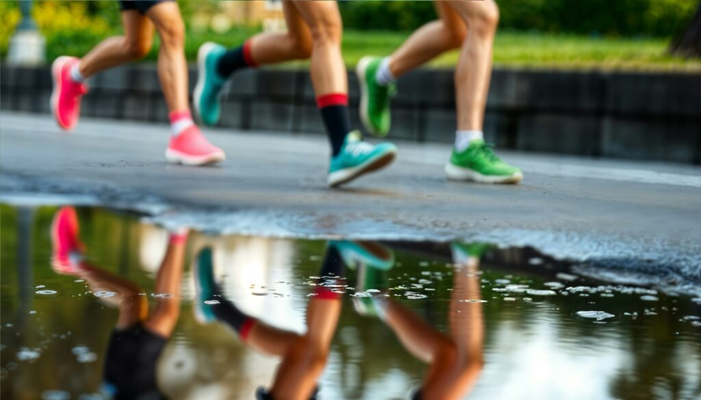 Lauftechnik im Detail: Beine von Läufern spiegeln sich in einer Pfütze auf der Straße