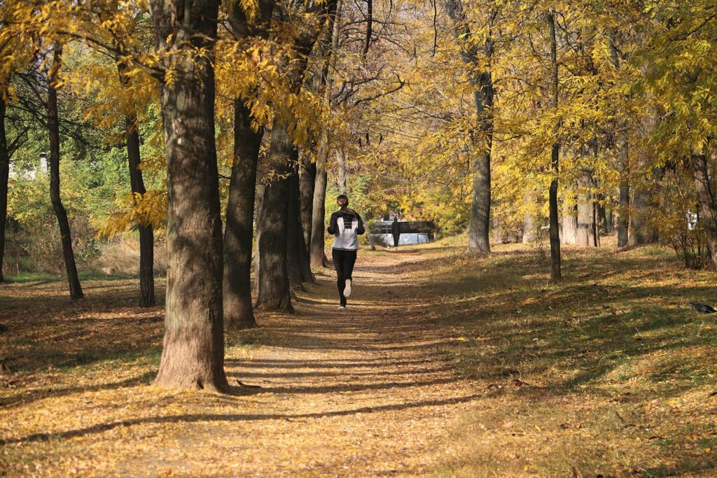 Lockerer Lauf durch einen herbstlichen Park als sanfte Form von Sport mit Muskelkater