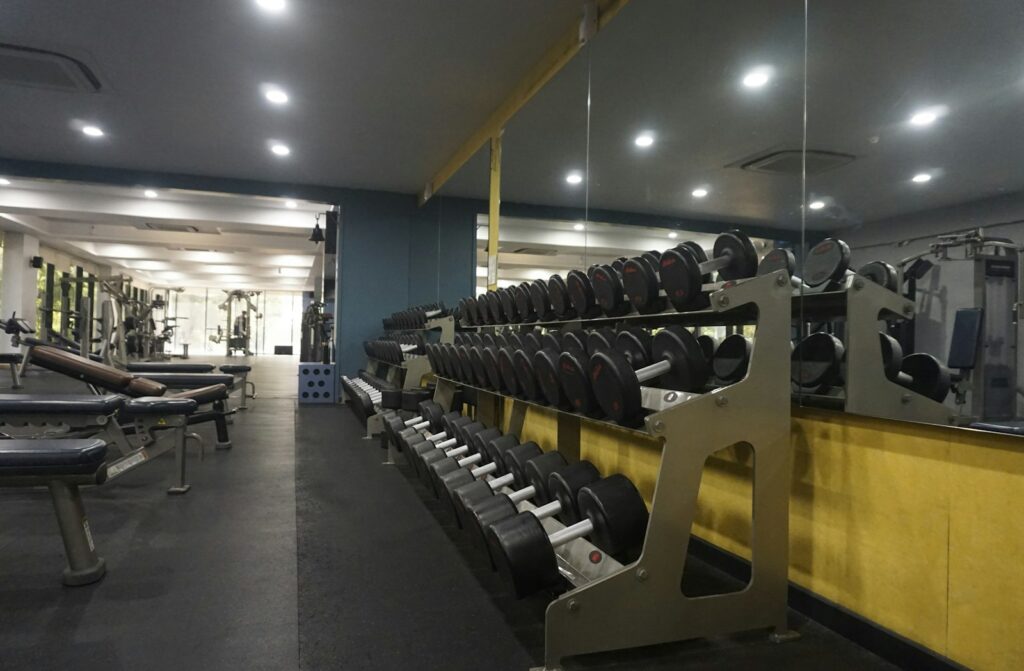 Kurzhantelablage in einem hellen Fitnessstudio mit Krafttrainingsgeräten